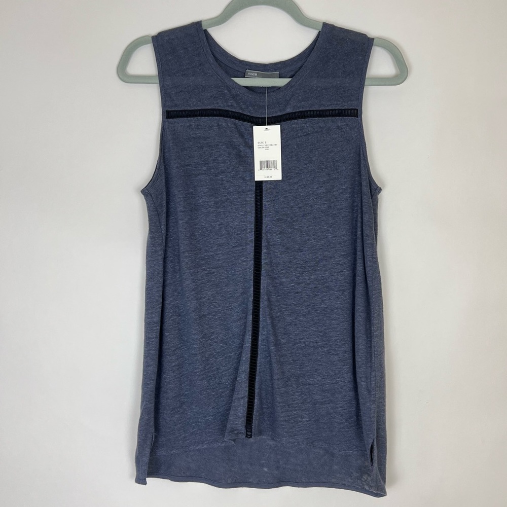 VINCE sleeveless blouse in soft navy with navy blue eyelet stitching det…